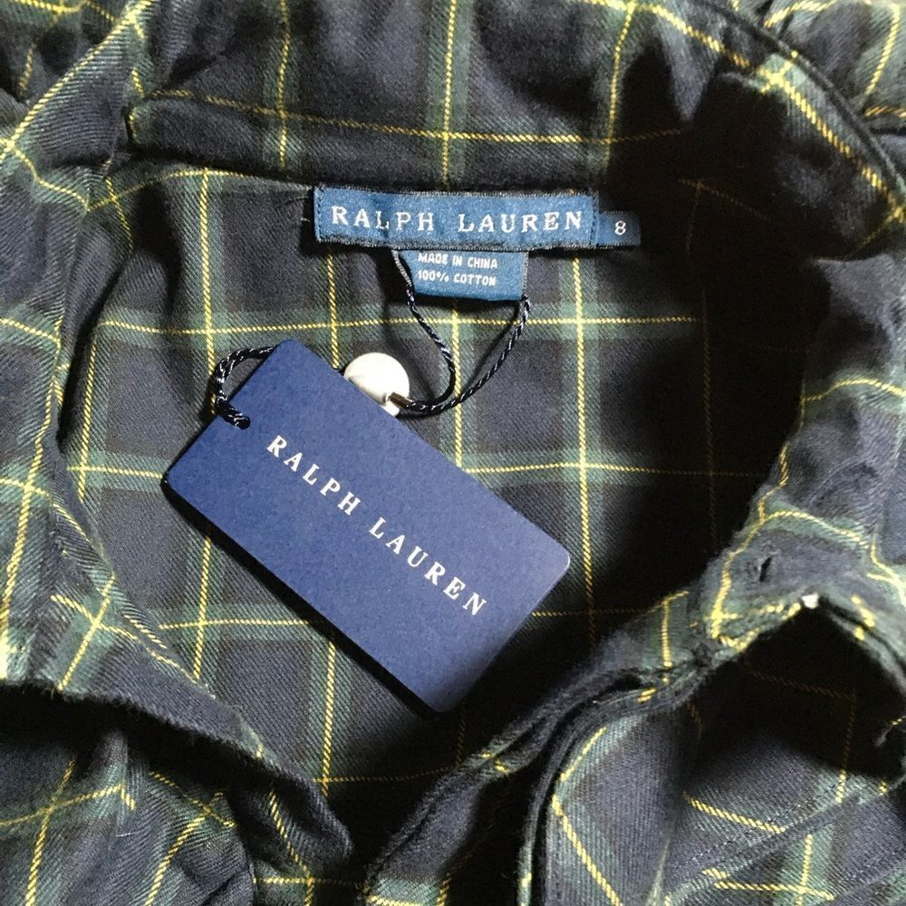 Ralph Lauren NWT Navy Blue Multi Cotton Check Plaid Ruffle Tie Neck Blouse - Picture 2 of 16